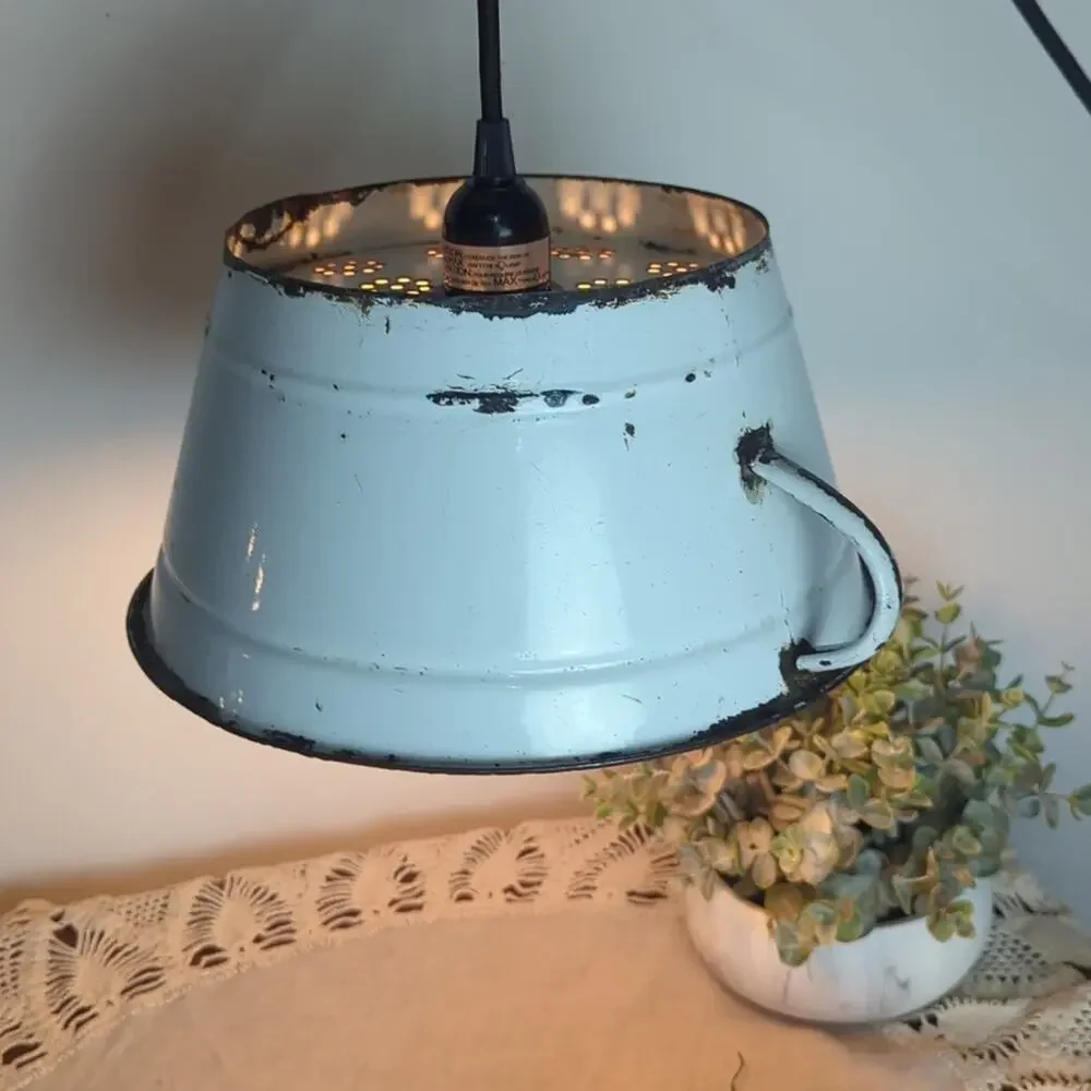 Vintage Enamel Colander Pendant Lamp Rustic Farmhouse Light w/ New Fixture
